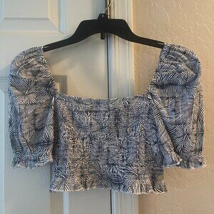 Roxy Sunset Walks Smocked Crop Top Puff Sleeves Square Neck Size S